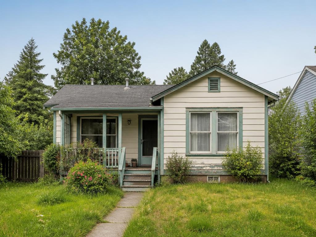 A small fixer-upper house with worn paint and overgrown yard