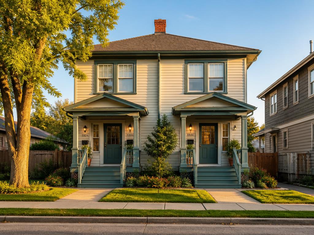 A classic two-unit duplex on a quiet residential street